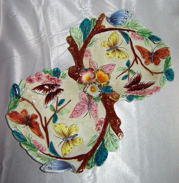 Vintage Colorfully Painted BUTTERFLY & FLORAL Divided Pottery Bowl Dish (Italy)