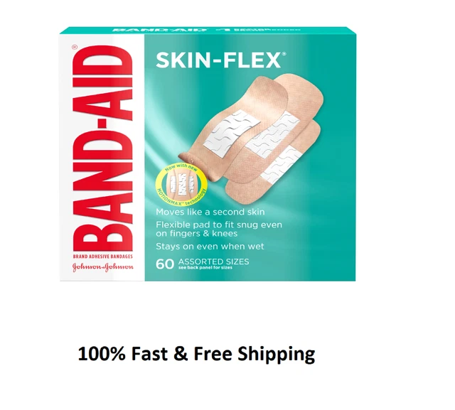 BANDAID BRAND SKINFLEX Adhesive Bandages, Assorted Sizes, 60 ct Free