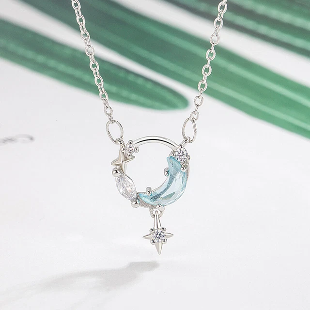 Elegant Women Hollow Cubic Zirconia Moon Star Pendant Necklace Wedding Jewelry