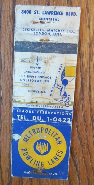 Bowling: Metropolitan Lanes (Montreal, Quebec) (Sports Matchbook Matchcover) -F2