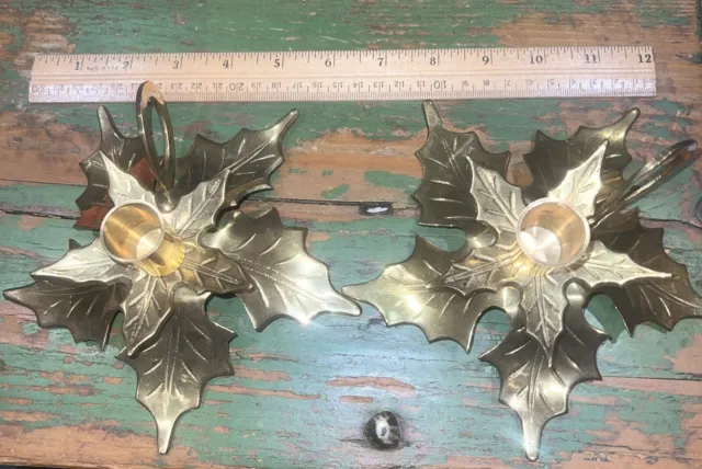 VTG Heavy Pair Solid Brass Candlestick Holders Christmas Holly Leaf Poinsettia