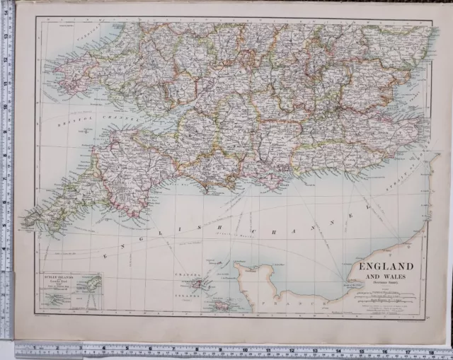 1889 Large Antique Map ~ England & Wales South Dorset Somerset Devon Cornwall