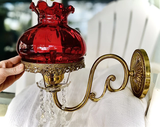 Pair Antique Light Fixture(s)Ruby Red Glass Globe Wall Sconce Brass Crystals VTG