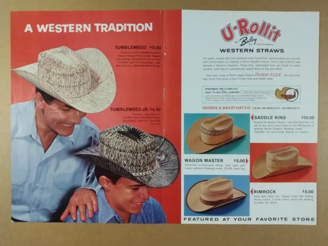 1962 Bailey U-Rollit Western Straw Cowboy Hats vintage print Ad