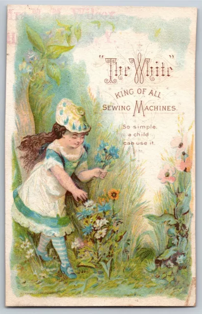 The White Sewing Machine Victorian Trade Card Girl Picking Flowers