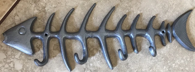 Large Cast Iron Fish Skeleton Bones Wall Hook Rack Key Towel Coat Hanger Silver