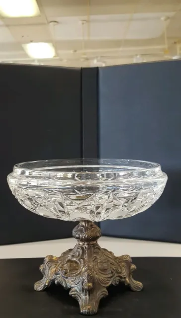 Vintage Compote Candy Dish with Crystal Cut Glass & Brass Pedestal Base