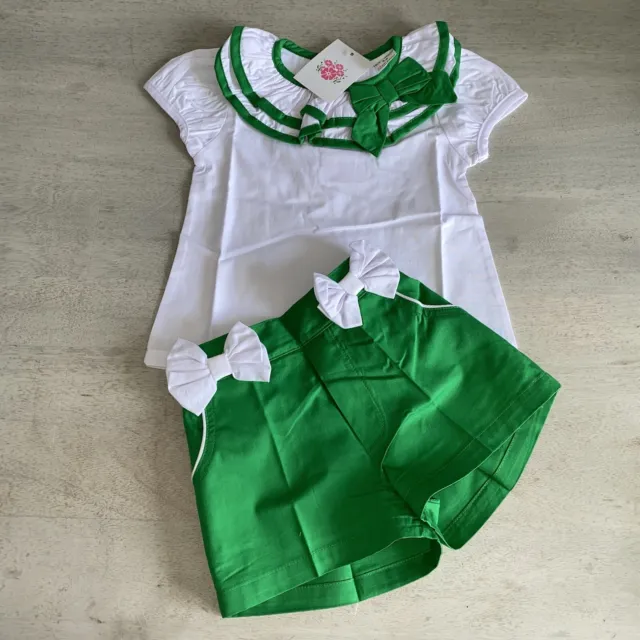 Baby Girls Summer Shorts Top Outfit Age 0-6 Months White Green Bow Spanish Set