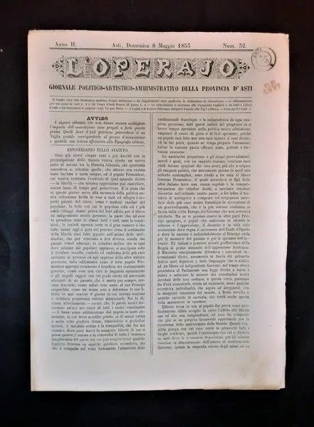 Storia Locale Asti - Giornale l'operajo - N° 32 - Anno II - 8 Maggio 1853 - RARO