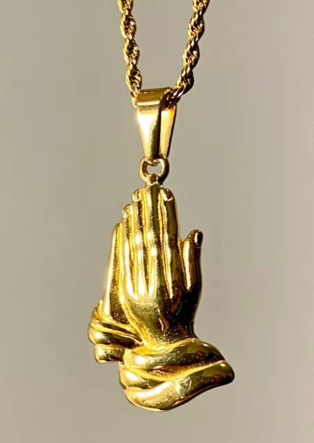 MENS 14K GOLD Religious Christian Jewelry Praying Hands Pendant Rope ...