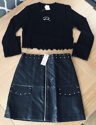 Rrp £28 River Island Faux Leather  Skirt Age 11 & Long Sleeve Rib Top Age 11-12