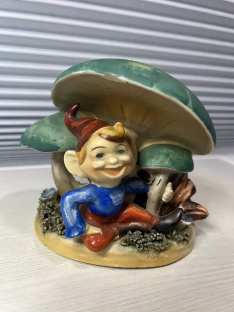 Vintage Ceramic JAPAN Planter Figurine Happy Elf Pixie Gnome Under Mushrooms