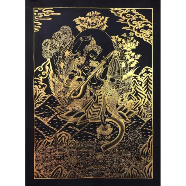 Black and Gold Saraswati Thangka Painting, For Home Decoration and Shrine