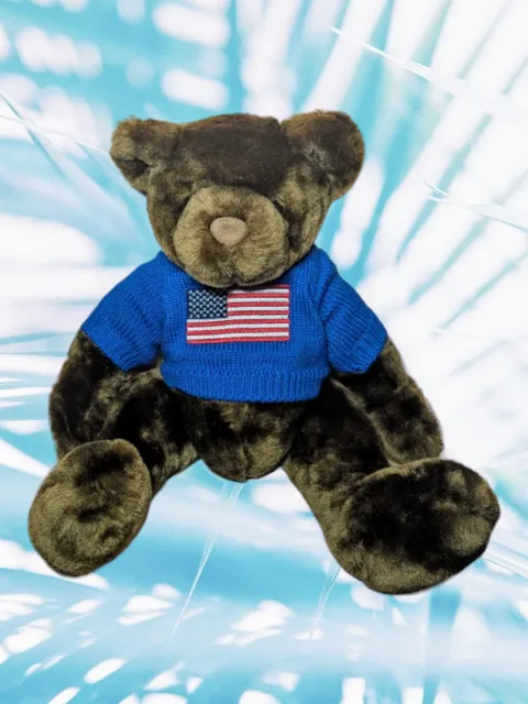 INT'L ART ENTERPRISE Patriotic Plush Brown Bear Blue Sweater American Flag 14''