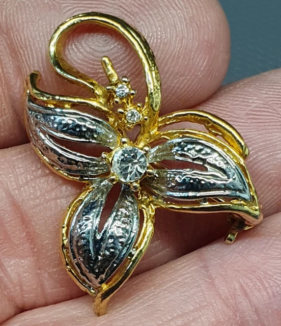 Broche Vintage Biche Et Faon - Métal Doré Et Argenté Avec Strass - Très Bon état