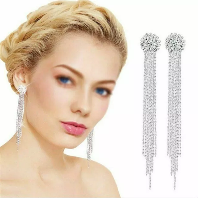 Women Long Silver Crystal Tassel Earrings Drop Dangle Ear Stud Fashion Jewellery