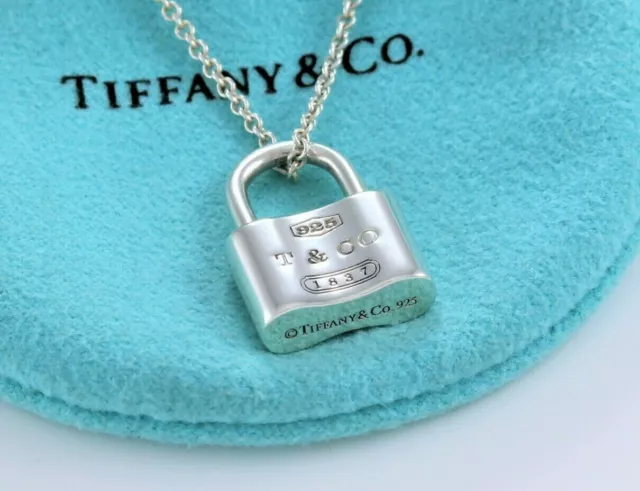 Tiffany & Co Sterling Silver 1837 Padlock Square Charm Chain Necklace