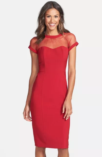 MAGGY LONDON Red Sheer Illusion Yoke Stretch Crepe V-Back Cocktail Dress 6P