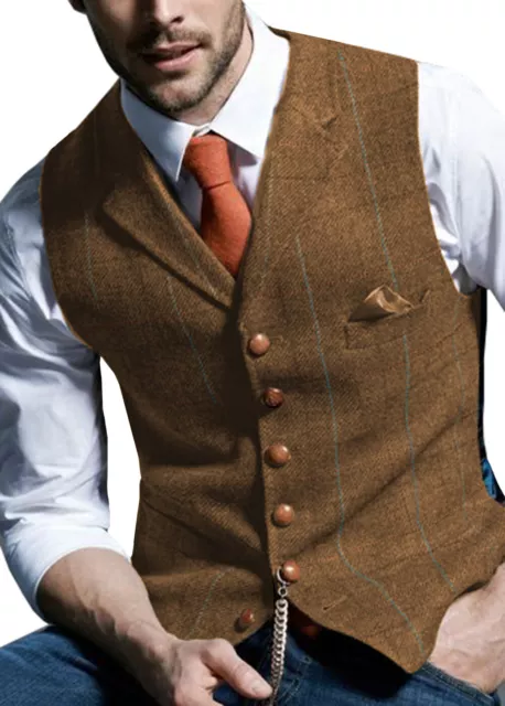 Vintage Mens Waistcoat Tweed Groom Bestman Formal Wedding Vests S M Large XL XXL