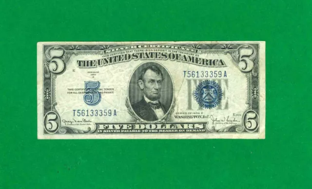 $5 1934-D 1 T/A Block Blue Seal Silver Certificate Circ. Narrow