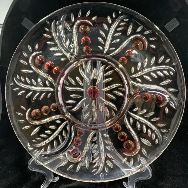 Vintage Cranberry Flashed Dot And Swirl EAPG sectioned Glass Platter 12”