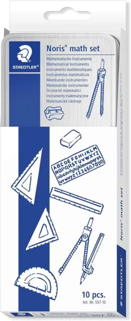 Juego de Matemáticas STAEDTLER 557 10 Noris con lata de almacenamiento (10 piezas incluyendo brújula,