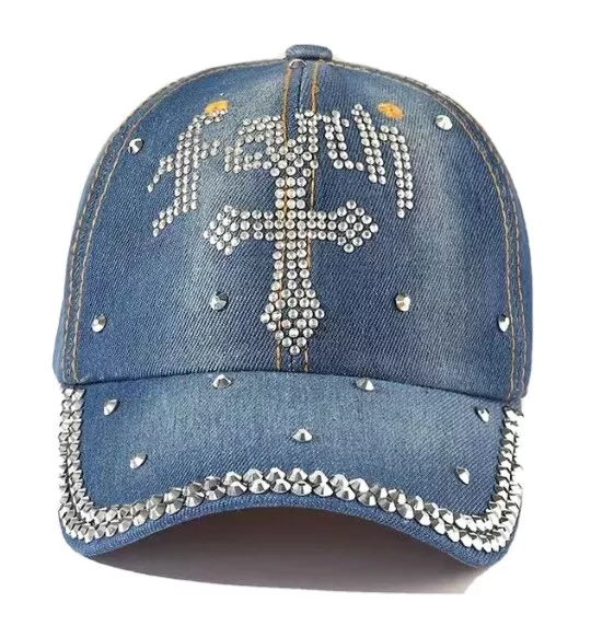 Rhinestone cross denim baseball cap women’s￼ Bedazzled “Faith” washed destressed