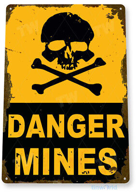 TIN SIGN Danger Mines Metal Décor Wall Art Garage Bones Skull A318