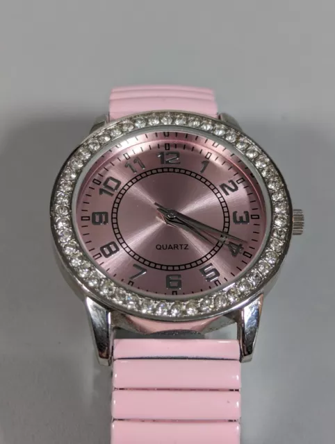 Pink Dial Round Silvertone Crystal Accent Case Pink Stretch Stainless Band Watch