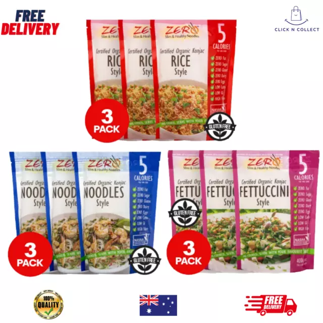 3 x ZERO Certified Organic Konjac Rice/Noodles/Fettuccini Style 400g | Free Post