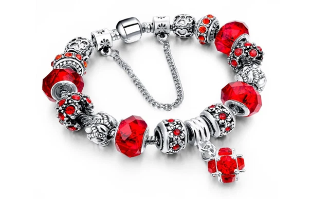 18K White Gold Plated Crystal RED CZ Charm Bracelet Made with Swarovski Element