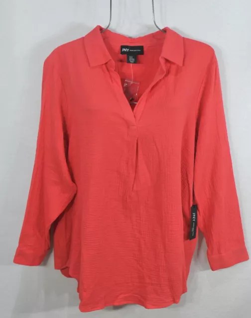 Jones New York Womens 1X Bright Red Orange Crinkle Gauze Cotton Tunic Top Blouse