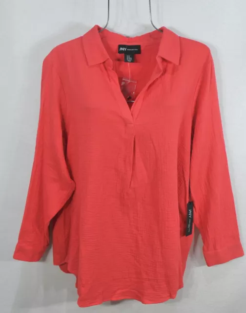 Jones New York Womens 2X Bright Red Orange Crinkle Gauze Cotton Tunic Top Blouse