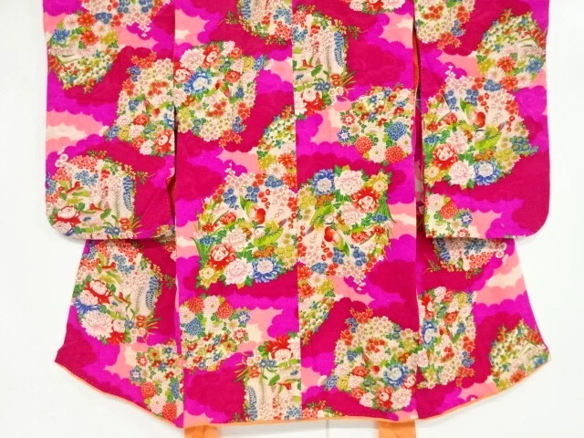 41006# Japanese Kimono / Antique Kimono For Girls / Kinsha / Floral Plants