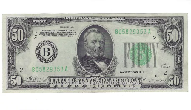 $50 1934 Series FRN New York Paper Money Light Green Seal CU Currency