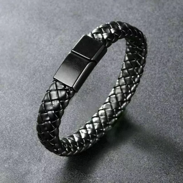 Black Bracelet Men's Braided Leather Bangle Stainless Steel Cuff Wristband 3