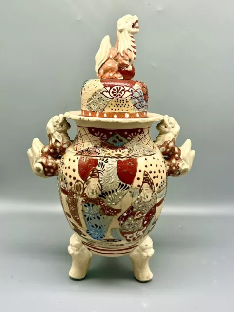 Antique Japanese SIGNED Satsuma Censer Vase Jar koro Large Foo Dog
