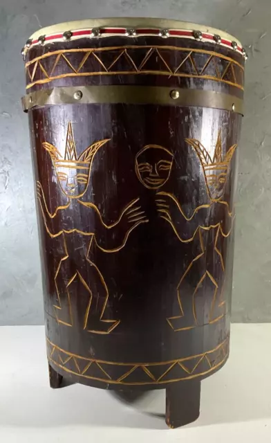 Asian Hand Carved Wood Drum in Red Mahogany Finish Mid Century