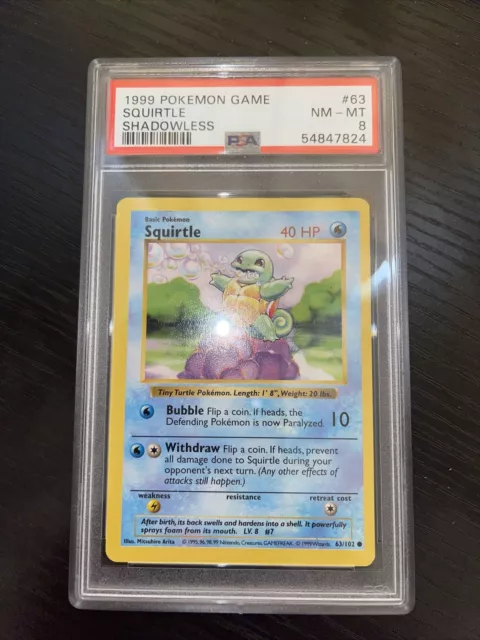 1999 WOTC Pokemon Game Base Set Shadowless #63 Squirtle PSA 8