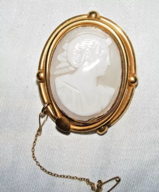 Large Antique Pinchbeck Rolled Gold Shell Cameo Brooch Pin Safety Chain