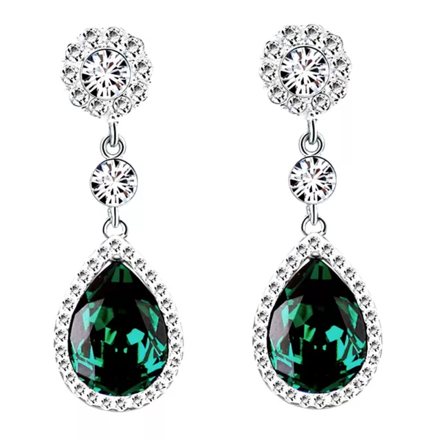 Long Fashion Dark Green Ladies Earrings Silver Dangle Drop Shiny Women Studs