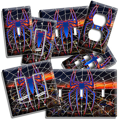 Spider Man Web Over New York Night Skyline Light Switch Outlet Plates Room Decor