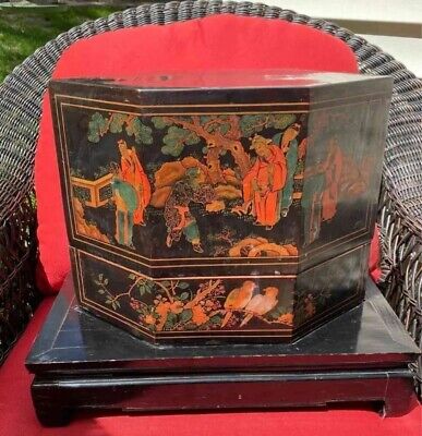 Rare Chinese Antique Wooden Black Lacquered Two Piece Box & Stand - Great Detail