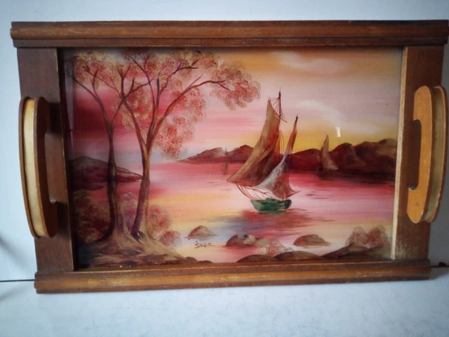 PLATEAU ART DÉCO Signé Elge En Bois Alu Et Verre Décor Paysage Lac