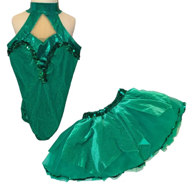 A Wish Come True Girl’s Green Sequin Dance Costume with Tutu 6X - 7