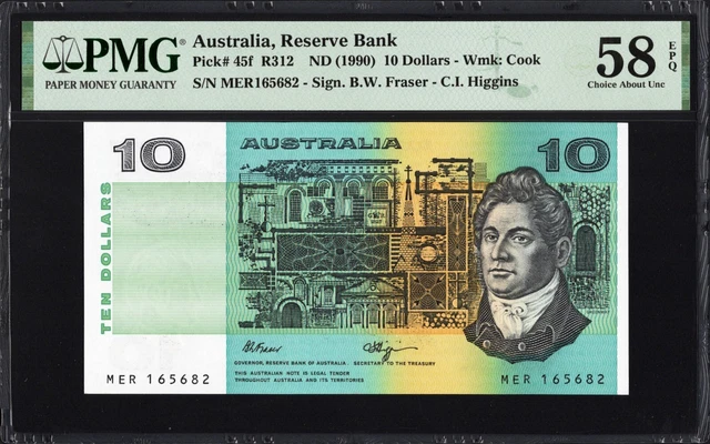 Australia 10 Dollars 45f R312 1990 Fraser Higgins PMG58 aUNC EPQ LOOKS GEM UNC