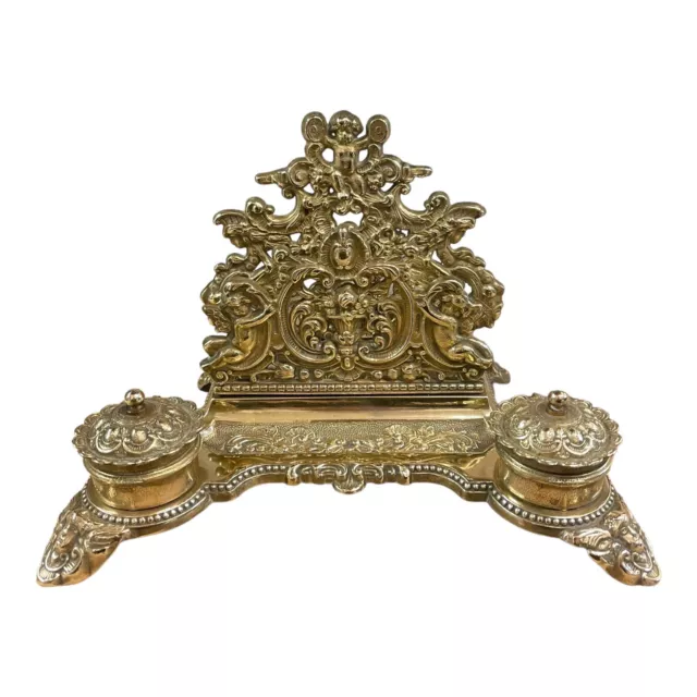 Victorian Brass Letter Rack And Double Inkwell Desk Stand Angels & Cherubs