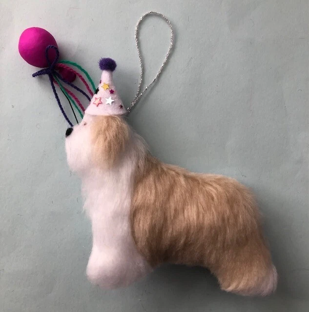 BEARDED COLLIE with PARTY HAT & BALLOON - PART NEEDLE FELTED DOG