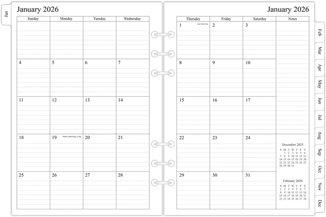 2026 A5 PLANNER Refills 6-Ring Binder Monthly Pages Jan-Dec Calendar ...