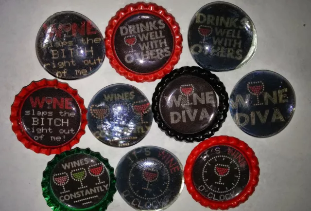 10 wine themed bottle cap and glass gem bubble magnets wino diva win'o clock